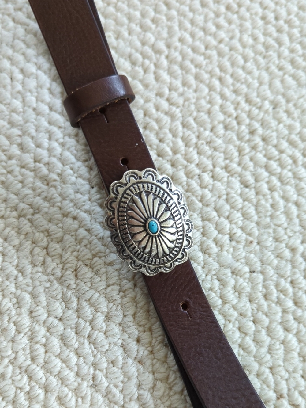 Brown Leather Belt with Silver Concho and Turquoise Accent